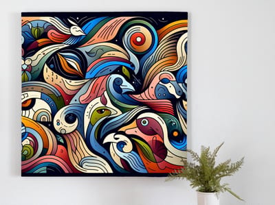 Abstract dieren schilderij | Creatieve chaos van kleurrijke dieren in abstracte pracht tentoongesteld | Kunst - 30x30 centimeter op Canvas | Foto op Canvas
