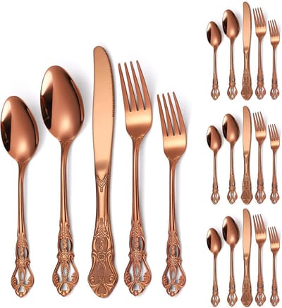 20-delige bestekset in koninklijke stijl - Set voor 4 personen, roségoudkleurig, roestvrij staal, retro antiek keukengerei met bloemmotief op het handvat, voor restaurants, thuis, festivals en feesten
