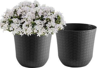 PlasticForte Plantenpot - 2x - D32 x H30 cm - grijs - rotan kunststof - bloempot