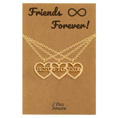 BFF Ketting voor 3 ' Friends Forever' - 3 hartjes - Best Friends - Vriendschapsketting op Cadeau Kaartje - 45cm + 5cm verstelbaar - Goudkleurig - Best Friends Hanger - Pax Amare