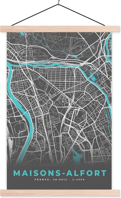 Posterhanger incl. Poster 40x60 cm - Schoolplaat - Maisons-Alfort - Frankrijk - Plattegrond - Kaart - Stadskaart - Textielposter - Blanke latten - Stadskaart