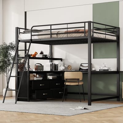 Hoogslaper - 140x200 cm - praktische lades - stijlvol L-vormig bureau - laminaat design - geen matras - zwart