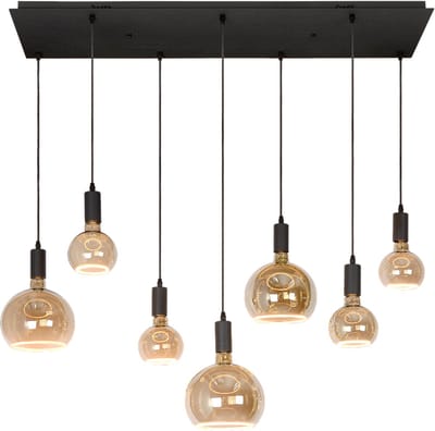 Atmooz Hanglamp Hanoi - 7x Floating Globes rookglas - Zwart metaal - Incl. LED - Dimbaar - 110x31xH115 cm