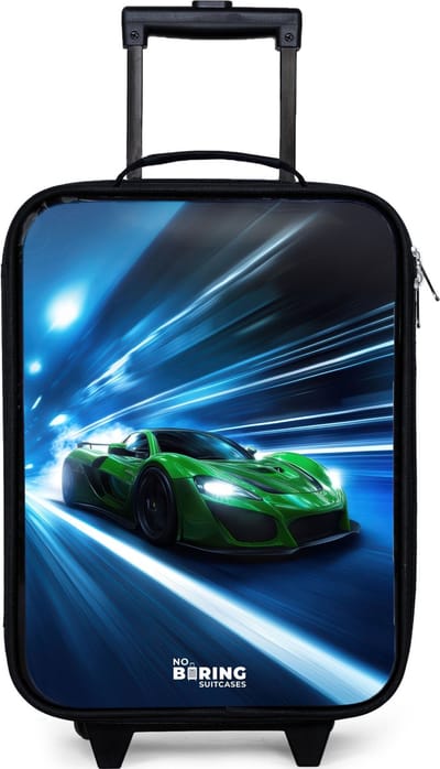 NoBoringSuitcases.com® - Kinderkoffer jongen - Kindertrolley meisje - Groene supercar flitst door neonlicht - Koffer kind lichtgewicht - Reiskoffer trolley voor kinderen - Koffertje met lichtgevende wieltjes - Rolkoffer zwart