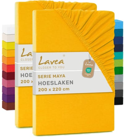 Lavea® Set van 2 Hoeslakens 200x220 cm – 100% Zacht en Ademend Katoen – voor Dikke Matrassen tot 35 cm – Jersey met Elastiek rondom – Goudgeel