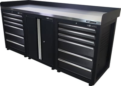 Kraftmeister werkbank 200 cm - Werktafel met 12 laden, 1 opbergkast en RVS werkblad - Zwart