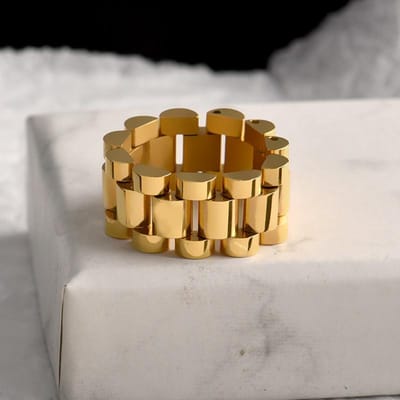 Flashbuy Nieuwe Dikke Grove Kettingring Gedraaide Schakel Goud Roestvrij Staal Stijlvolle Ringen Vrouwen Mannen Hip Hop Mode Sieraden Bague 6size brown