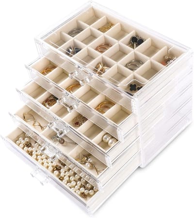 Famanu – Acryl sieraden organizer met 5 laden en fluwelen trays, stapelbaar opbergsysteem