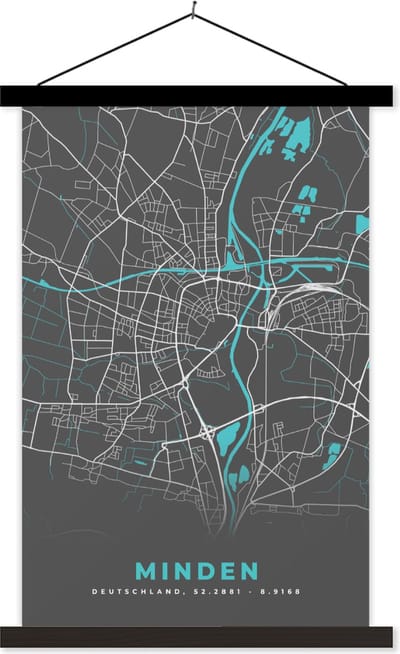 Posterhanger incl. Poster 40x60 cm - Schoolplaat - Stadskaart – Kaart – Minden – Blauw – Duitsland – Plattegrond - Textielposter - Zwarte latten - Stadskaart