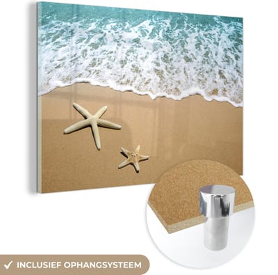 MuchoWow® Glasschilderij 120x80 cm - Schilderij acrylglas - Zeester - Strand - Zee - Foto op glas - Muurdecoratie woonkamer - Wanddecoratie slaapkamer - Schilderijen