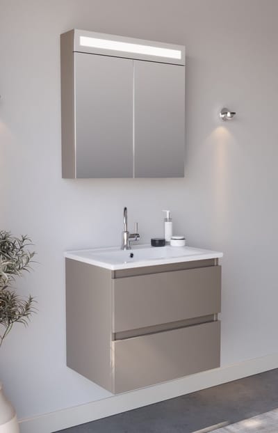 Badkamermeubel / Badmeubel / Wastafelkast Luciano - Taupe - 65x45,5x57cm - Incl. Witte Keramische Wastafel - Voorgemonteerd - Greeploos - 2 Lades - MDF