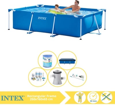 Intex Rechthoekig Frame Zwembad - 260 x 160 x 65 cm - Blauw - Inclusief Afdekzeil - Onderhoudspakket - Zwembadfilterpomp - Filter - Stofzuiger - 6-delig