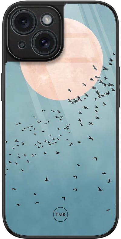 Hoesje geschikt voor Apple iPhone 15 - Moon birds - Blauw - TPU luxe case (glossy toplaag) - Vogel - Hardcase backcover zwart
