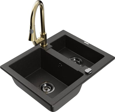 Mexen Carlos granieten gootsteen 1,5-kamer met keukenmengkraan Elia, zwart/goud metallic - 6518-75-670101-50-B