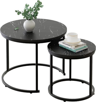 Set van 2 Ronde Salontafels - Bijzettafels met Metalen Frame voor Woonkamer/Slaapkamer/Balkon