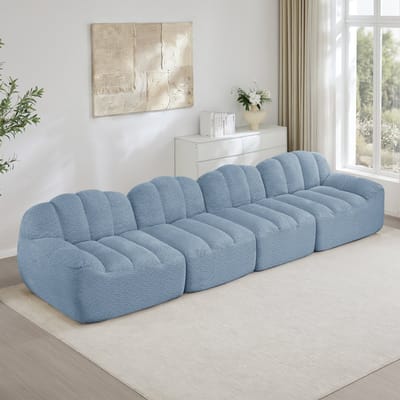 MODENUIT Hoekbank Zonder Frame - Modulaire Opstelling Met Ottomaan - Voor Woonkamer En Appartement - Fleece Blauw