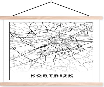Posterhanger incl. Poster 90x60 cm - Schoolplaat - Stadskaart – Zwart Wit - Kaart – Kortrijk – België – Plattegrond - Textielposter - Blanke latten - Stadskaart