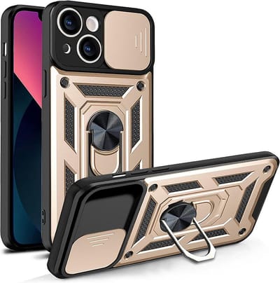 Hoesje geschikt voor iPhone 15 Plus met Ringhouder en Camera schuifje - Arara backcover - Goud