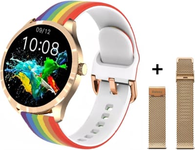 Belesy® BQSiRgRb PLUS - Smartwatch Dames – Smartwatch Heren - Horloge - 1.28 inch - Kleurenscherm - Stappenteller - Bloeddruk - Hartslag - 75+ Wijzerplaten – Sporten – Rose Goud – Milanees staal - Siliconen - Regenboog - Kerstcadeau