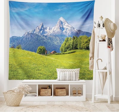 ABAKUHAUS Bergwandtapijt, Alpen met weideflora, woonkamer slaapkamer wanddoek zijdezacht satijn wandtapijt, 150 x 100 cm, groenblauw