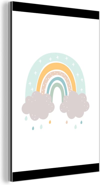 Wanddecoratie Metaal - Aluminium Schilderij Industrieel - Regenboog - Wolken - Regen - Kinderen - Pastel - 60x80 cm - Dibond - Foto op aluminium - Industriële muurdecoratie - Voor de woonkamer/slaapkamer