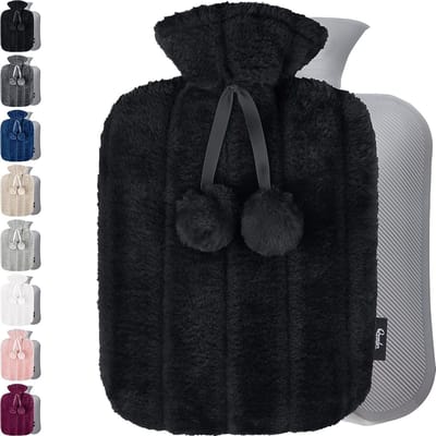 Warmwaterkruik met Hoes - Zachte Premium Hoes - 1.8L Kruik - Warmwaterkruik voor Pijnverlichting van de Rug, Nek en Schouders - Geweldig Cadeau voor Vrouwen en Kinderen (Zwart 1.6)
