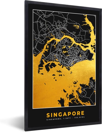 Fotolijst incl. Poster - Singapore - Stadskaart - Goud - Plattegrond - Kaart - 40x60 cm - Posterlijst