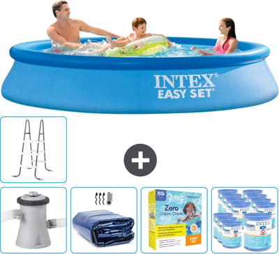 Intex Rond Opblaasbaar Easy Set Zwembad - 305 x 61 cm - Blauw - Inclusief Pomp Solarzeil - Onderhoudspakket - Filters - Ladder