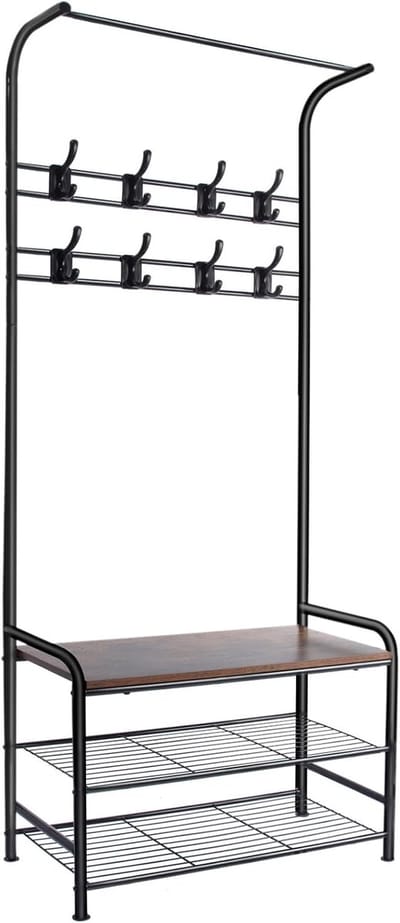 4-in-1 kapstok met schoenenbank - Industriële metalen kapstok met legplanken, 8 haken & zitbank, 60 x 30 x 180 cm ,bruin