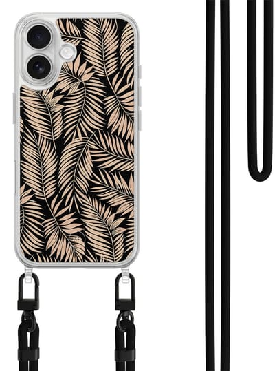 Hoesje met koord geschikt voor iPhone 16 - Palm silhouette - Inclusief zwart koord - Crossbody beschermhoes - Transparant, Zwart, Beige - Mooie Telefoonhoesjes