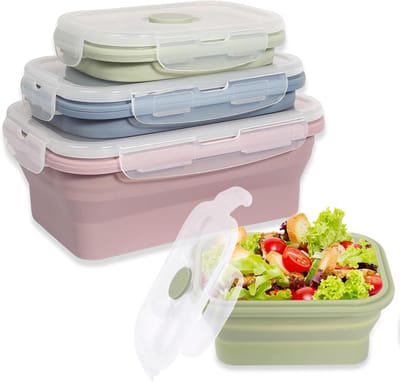 3 stuks opvouwbare vershouddozen met deksel, siliconen opvouwbare broodtrommel, set siliconen vershoudboxen, voedselcontainer, opvouwbare lunchbox, maaltijdbereidingsboxen, Bento box voor
