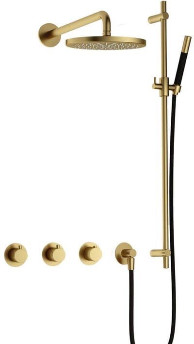 Hotbath Cobber IBS70 inbouw regendoucheset met staafhanddouche aan glijstang en 20cm ronde hoofddouche aan 40cm wandarm geborsteld messing PVD