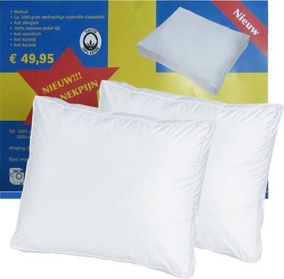 Hoofdkussen Gele Kruis SET van 2 Kussens | Boxmodel | 1000 gram Dreampearls | Perfecte Ondersteuning | Scandinavisch Slapen | 50x60x10 cm | Wit | 2 Stuks