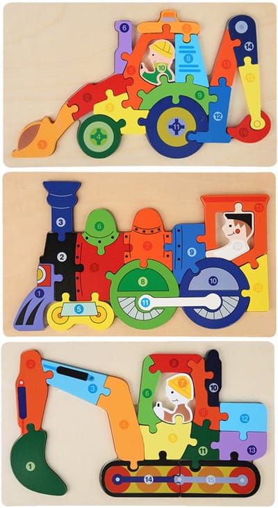 Houten Blokpuzzel-Montessori Speelgoed-3D puzzel-Kinderen-3 Jaar-Gift-Cadeau-Schoploader,Trein,Graafmachine, Educatief Spel voor 3 4 5 6 7 Jaar, Cadeau voor Jongens en Meisjes