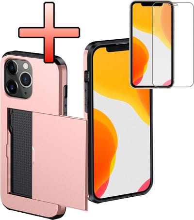Hoes Geschikt voor iPhone 11 Pro Hoesje Pasjeshouder Hard Cover Met Screenprotector Shock Proof Hard Case Hoes Met Kaarthouder - Rosé goud