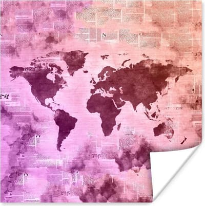Poster 30x30 cm - Wereldkaart - Rook - Kranten - Posters - Kamer decoratie - Wanddecoratie woonkamer - Muurdecoratie slaapkamer