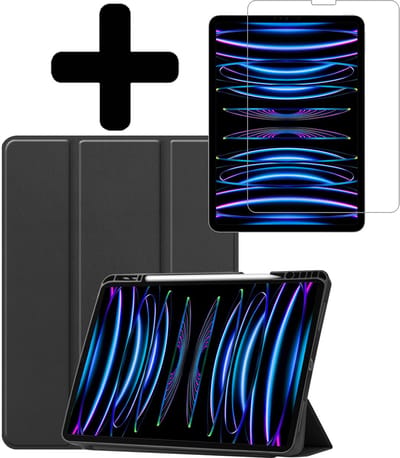 Hoes - Geschikt voor Apple iPad Pro (2022) - 12.9 inch - Met Screenprotector - Trifold Bookcase - Hard Cover Case - Met Uitsparing Geschikt voor Apple Pencil - Hardcover Book - Tablet Hoesje - Zwart