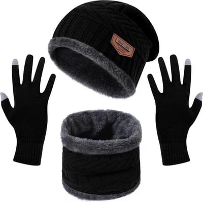 Gebreide Beanie Muts Sjaal en handschoenen Set | Warme Bonnet Winter Muts Met Colsjaal Nekwarmer | Halswarmer Wintermuts Wol Gevoerd | Warme & Zachte Fleece Voering | Unisex | Voor Dames en Heren | Volwassenen
