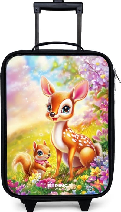 NoBoringSuitcases.com® - Kinderkoffer jongen - Kindertrolley meisje - Hertje en eekhoorn in kleurrijk bloemenveld - Koffer kind lichtgewicht - Reiskoffer trolley voor kinderen - Koffertje met lichtgevende wieltjes - Rolkoffer zwart