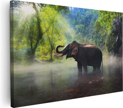 Artaza Canvas Schilderij Olifant In Rivier - 30x20 cm - Klein - Wanddecoratie Dieren - Muurdecoratie Jungle - Kamer Accessoires