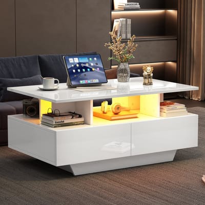 HAUSS SPOLE Salontafels - Hoogglans Salontafel Met LED Licht - 2 Lades En Opbergruimte - 90x55x41 cm - Hout - Wit