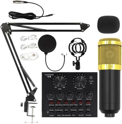 Microfoonset - Opnamekit Streaming - Podcast Zingen - Cardioïde Opname - Met Standaard - Goud