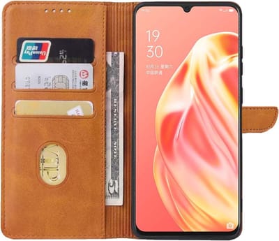 Geschikt voor Oppo A91 Telefoonhoesje Kunstleer met Magnetisch lipje en Pasjeshouder Book Case met Klepje - Bruin - Smartphonica geschikt voor Oppo A91