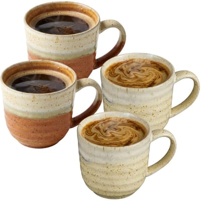 Mica Decorations Koffiemok Ethan - 4x - terra en creme - 7 x 8 cm - porselein - theemok