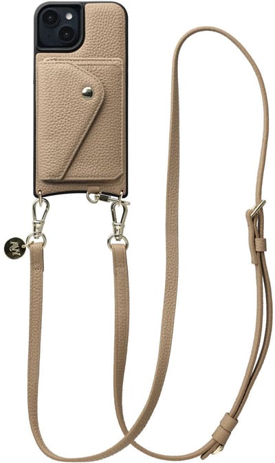 AVY Leren Hoesje geschikt voor Apple iPhone 14 / 13 | Met Koord en Magnetische Kaarthouder | Compatibel met MagSafe | Leather Case met 130CM Koord & Wallet | Long Leather | Beige