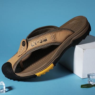 Echt Leer Heren Slippers Buiten Dikke Zool Strand Schoenen Comfortabele Heren Zomer Nieuwe Heren Slides Luxe Pantoffels Man 45 kaki