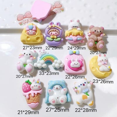 10 stuks Nieuwe Schattige Hars Mini Konijn Beer Taart Regenboog Serie Platte Achterkant Manicure Onderdelen Versieringen Voor Haarstrikken Accessoires