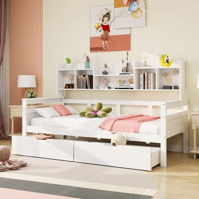HAUSS SPOLE Slaapbank 90x200 cm - Houten Eenpersoonsbed Met Schuiflades & Opbergvakken - Als Sofa En Bed Voor Kinder- En Jongenskamer - Zonder matras - Wit