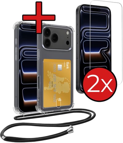 Hoesje Geschikt voor iPhone 17 Pro / 18 Pro Hoesje Met Telefoonkoord en Pasjeshouder Met 2x Screenprotector Siliconen - Hoes Geschikt voor iPhone 17 Pro / 18 Pro Hoesje Met Kaarthouder Shock Proof Case - Transparant