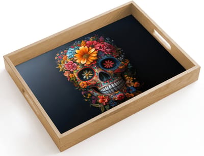 Dienblad hout 40x30 cm - Schootdienblad - Bloemen - Kleurrijk - Schedel - Borrelplank rechthoek - Plateau dienbladen